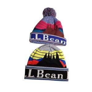 L.L. Bean Kids Beanie Unisex OSFA 2pc Pom Pom Knit Hat Multicolor Scenic Logo